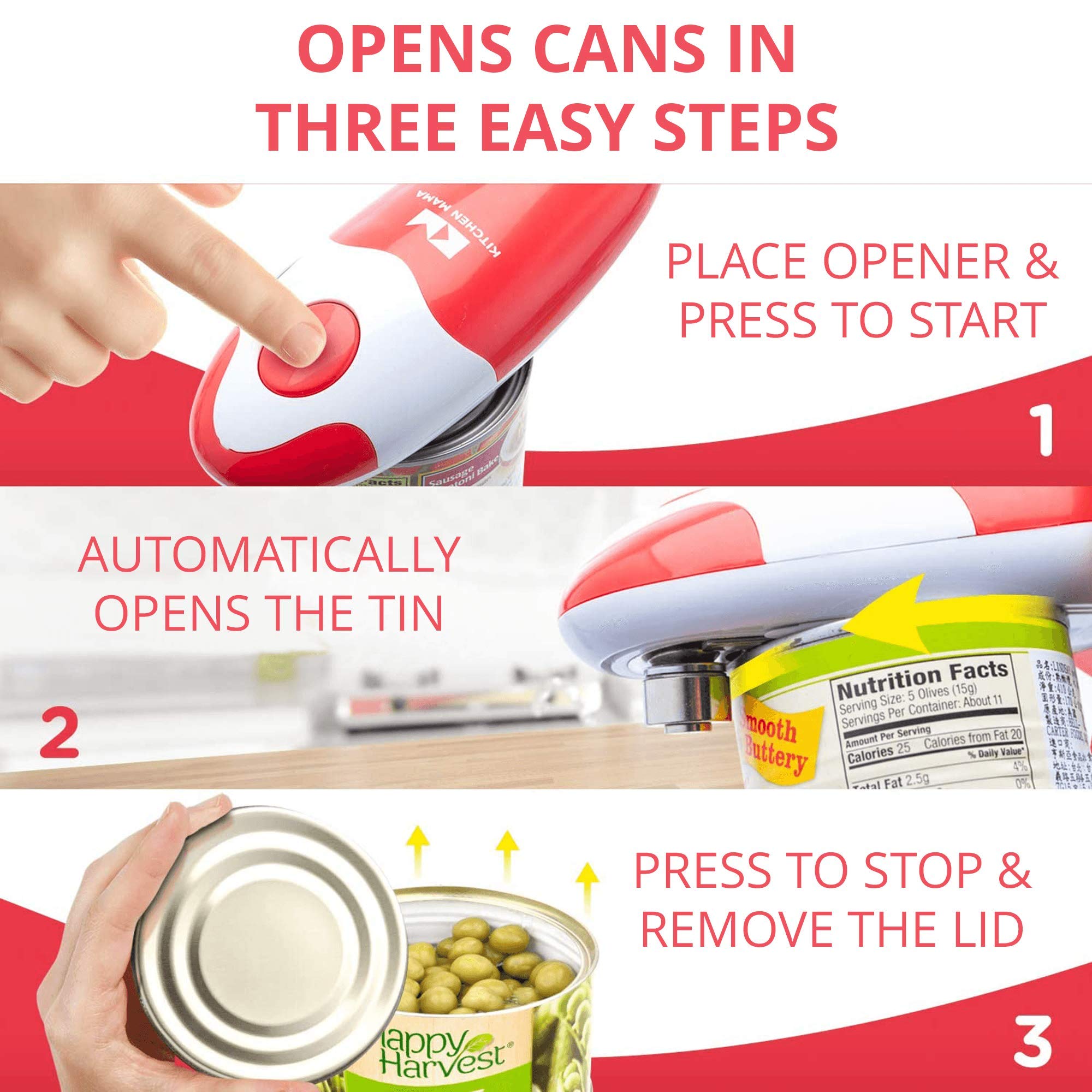 Kitchen Mama Electric Can Opener - Automatic, Hands-Free, Red